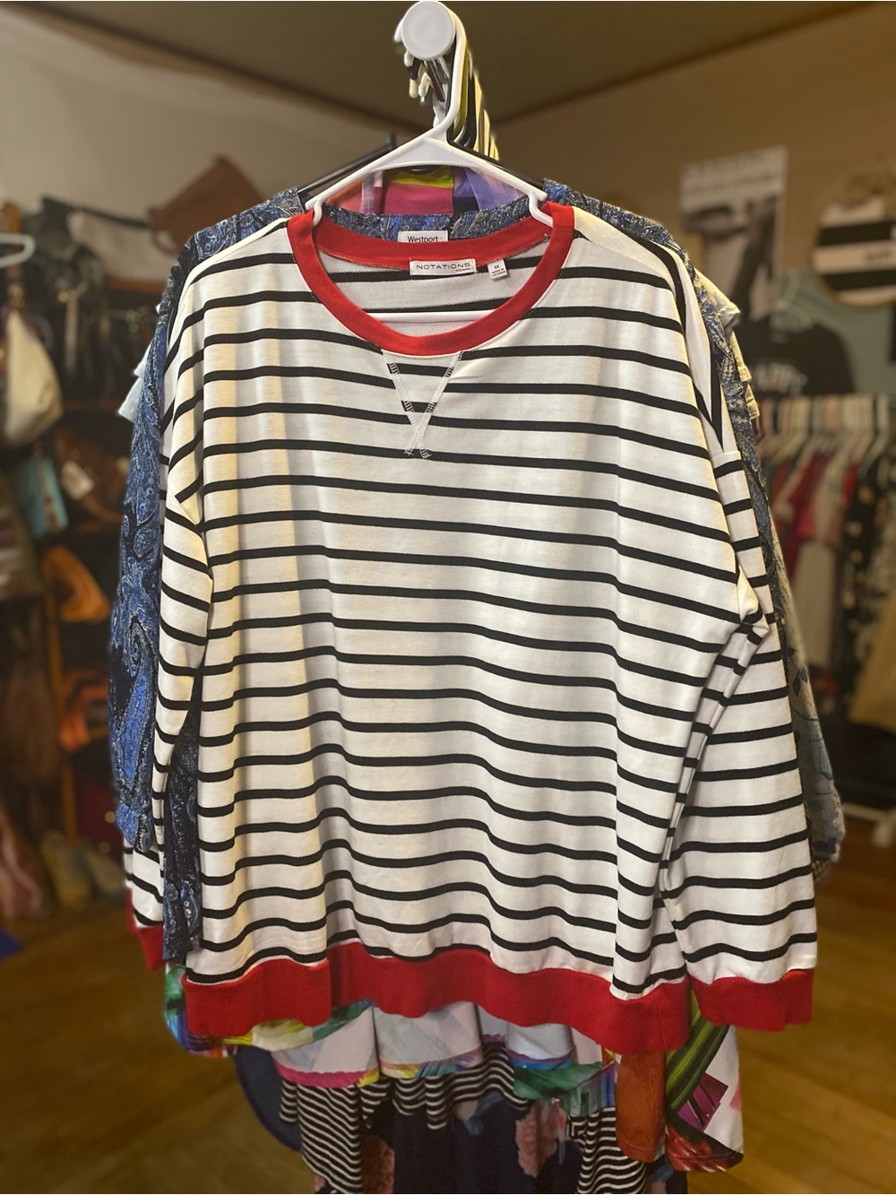 Notations Black & White Striped Crewneck Sweater with Red Trim